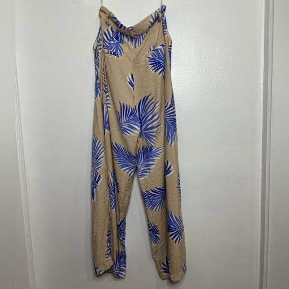 FRNCH Wide Leg Palm Leaf Pants, Crinkle, Taupe and Blue, Boho, High Rise Small - Picture 3 of 9